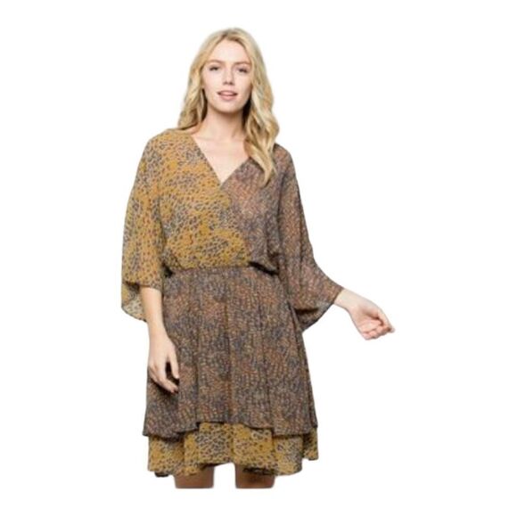 See And Be Seen 3/4 Sleeve V Neck Animal Print Two Tiered Ruffle Dress Large - Picture 1 of 11